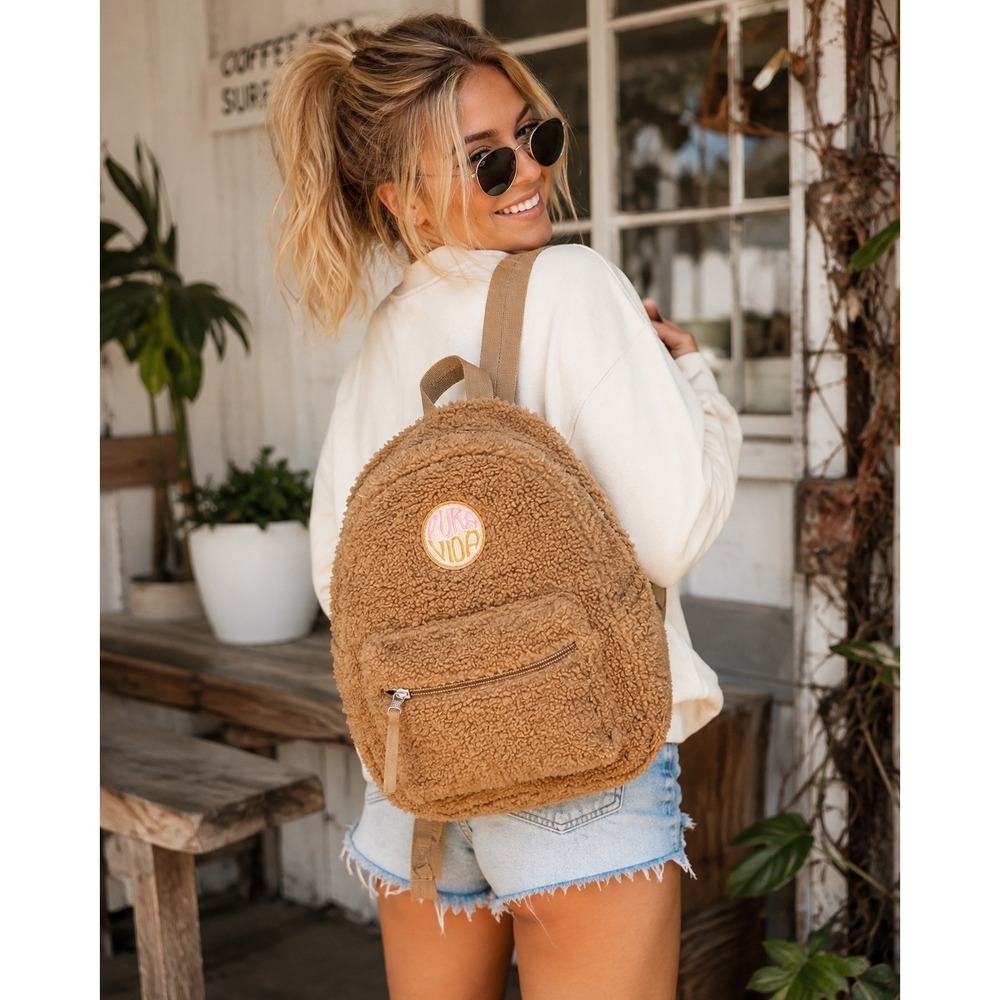 Pura Vida Teddy Bear Sherpa Mini Backpack Brown Fuzzy Boho Logo